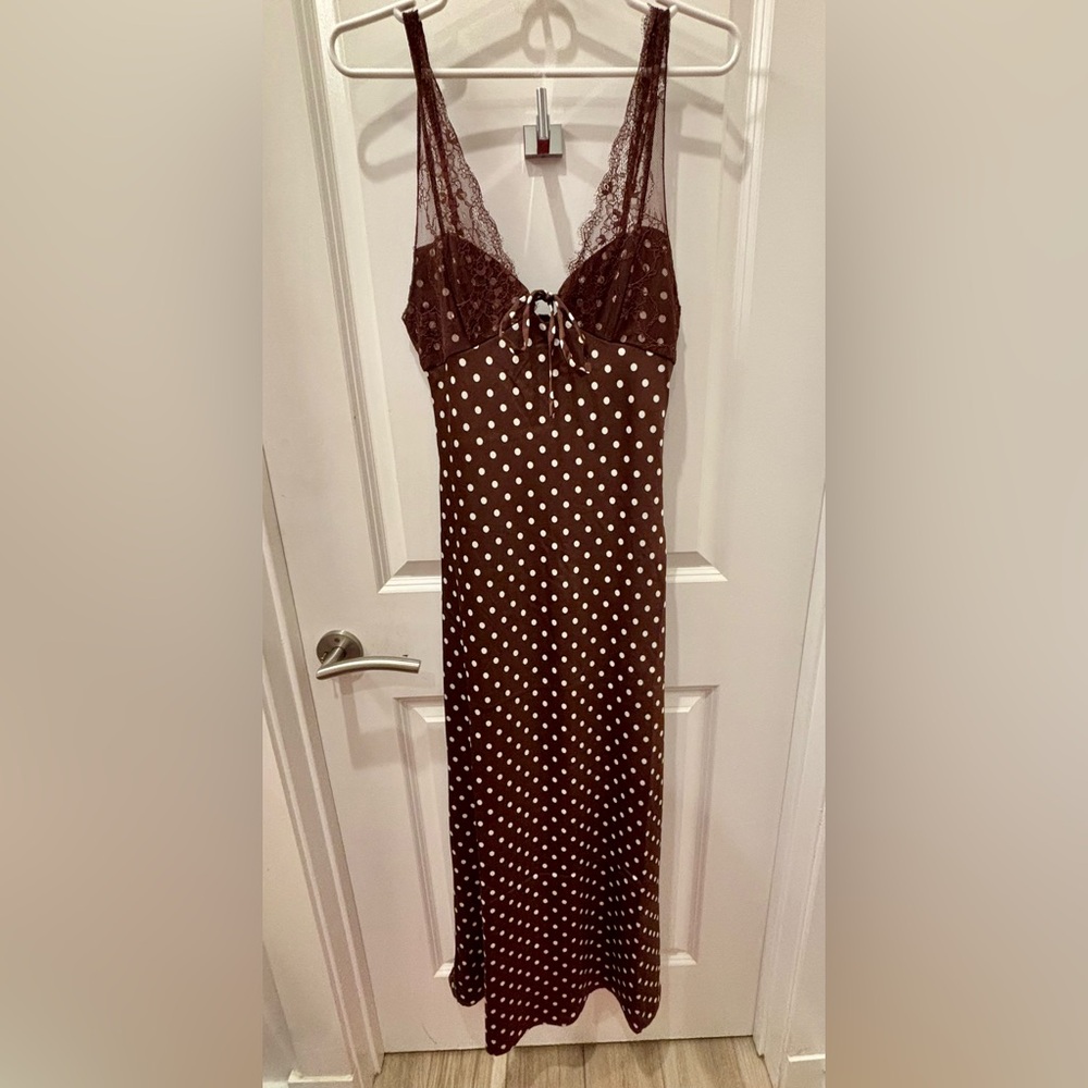 NWOT old Hollywood satin & lace Brown Polka Dot Dress- M